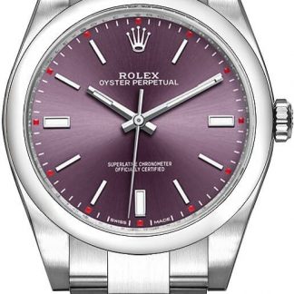 rolex oyster perpetual 39 rosso quadrante d'uva orologio da uomo in acciaio 114300-0002